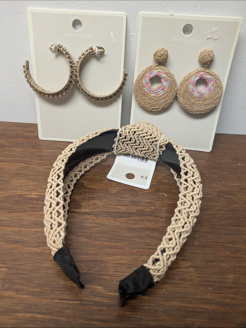 3pc Ava & Aiden Beige Woven Headband & 2" Hoops, 2.5" Dangle Earrings